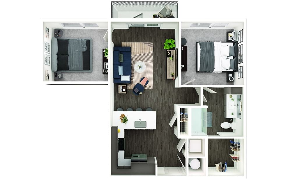 A6D - 1 bedroom floorplan layout with 1 bath and 866 square feet. (3D)