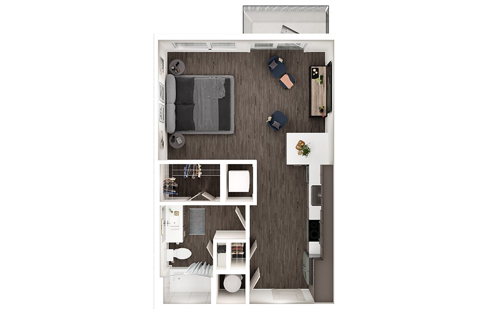 S1p - Studio floorplan layout with 1 bath and 558 square feet. (3D)