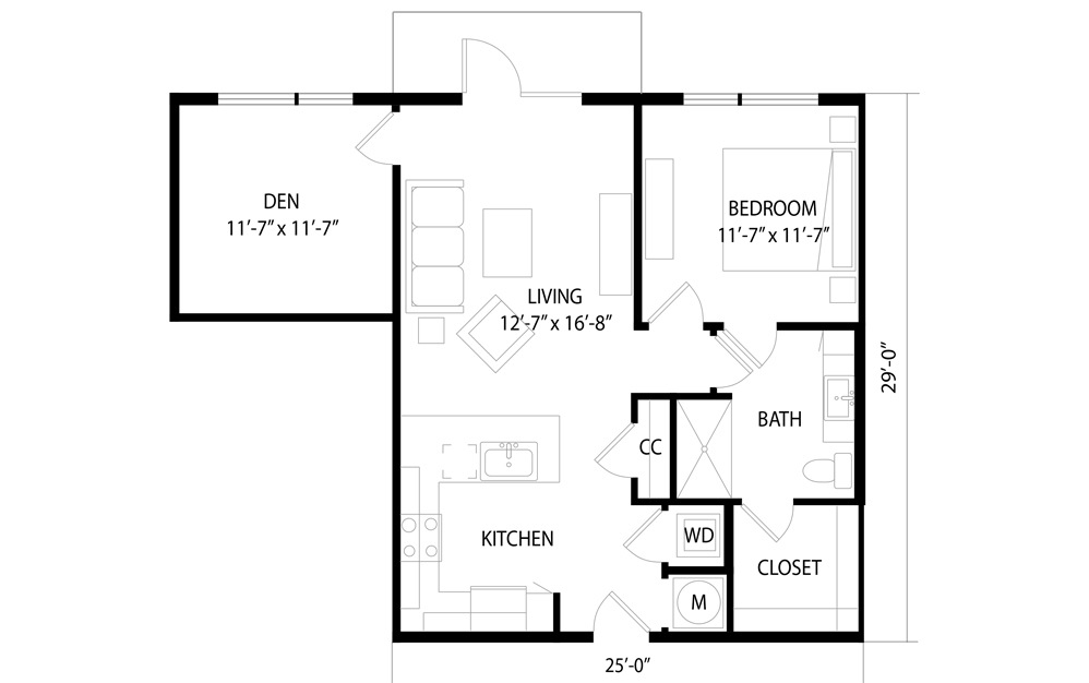 A6D - 1 bedroom floorplan layout with 1 bath and 866 square feet. (2D)